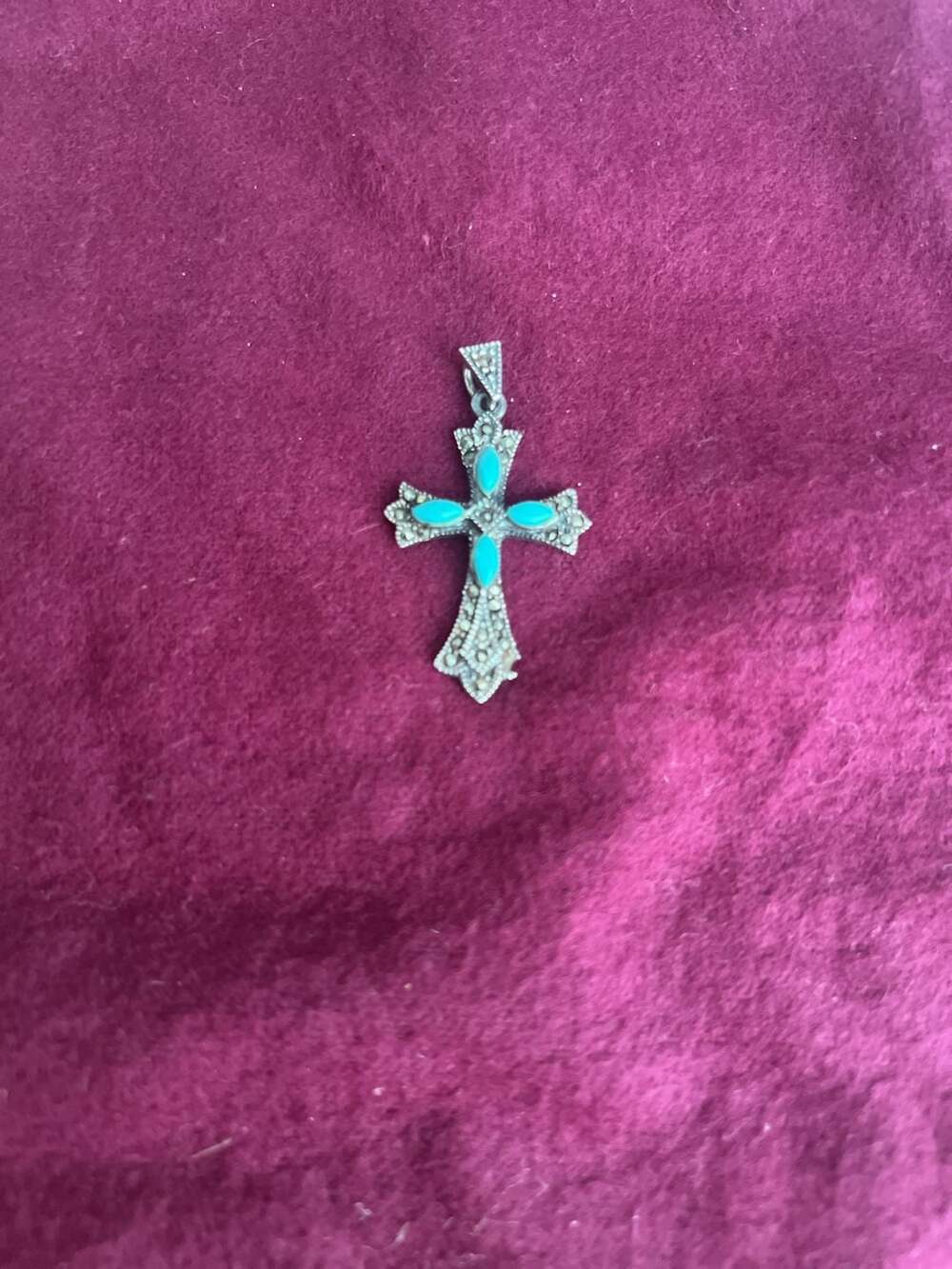 925 Sterling Silver Turquoise Marcasite Cross Pendant